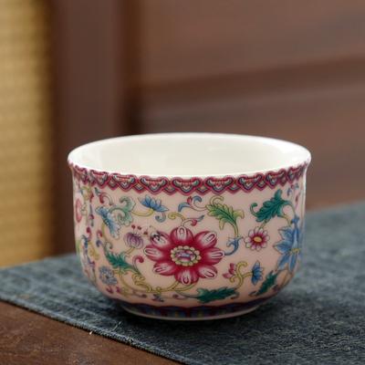 Handmade Enamel Ceramic Tea Cup with Full Lotus Scroll Pattern Traditional Chinese Gongfu Teaware for Personal Tea Ceremony
