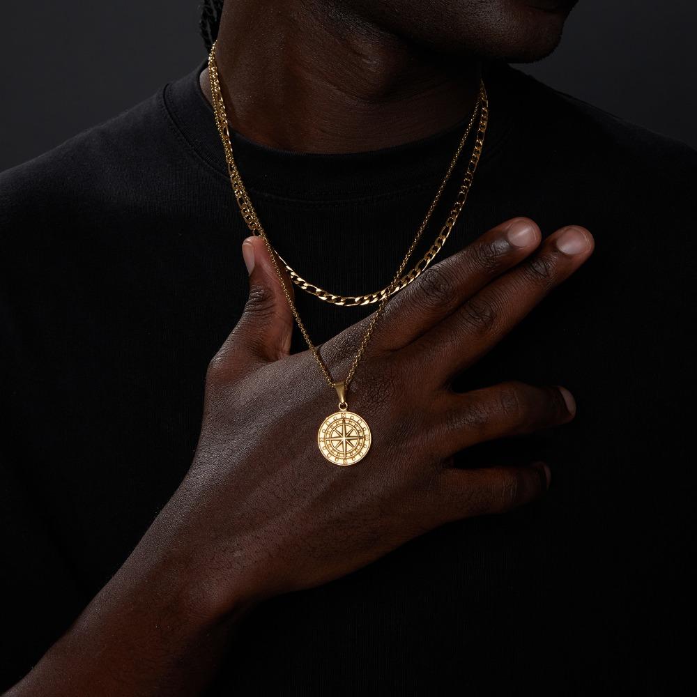 Vintage Compass Pendant Stainless Steel Cuban Style Choker Clavicle Chain Man Necklace Wheat Chain