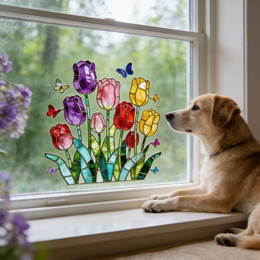 Waterproof Tulip Glass Stickers Self-adhesive Butterfly Wall Stickers Bedroom
