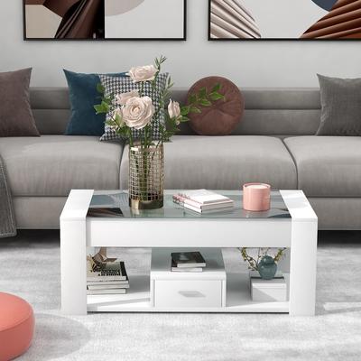 Couchtisch Glasplatte, Moderner Wohnzimmertisch Schubladen, Beistelltisch Sofatisch Mehrere Stauräume, Zimmer Büro, Weiß, 100 x 50 x 40cm