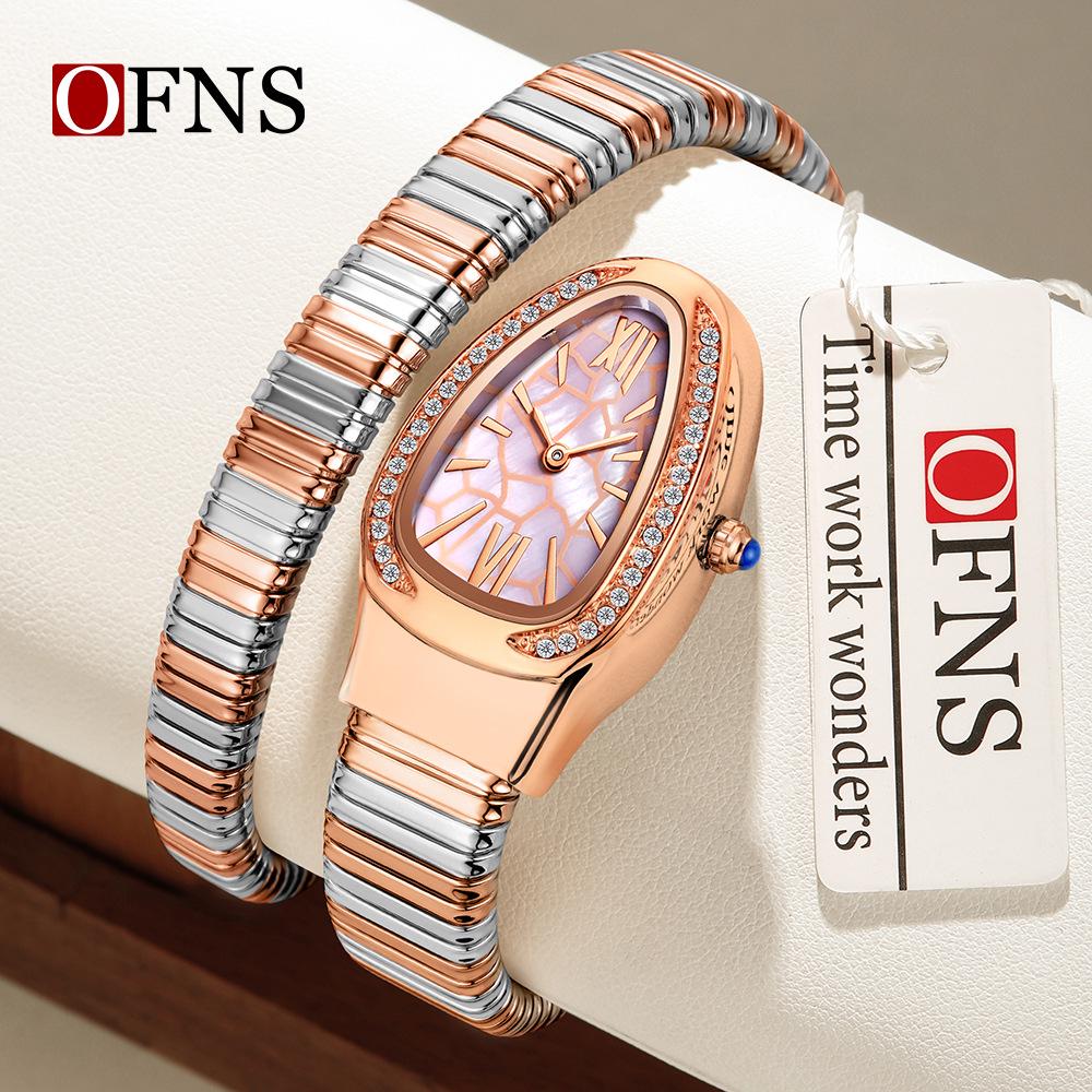 SANDA Women's Luxury Snake Head Bracelet Watch with Roman Mother-of-Pearl Dial, Diamond Accents, English Two-Hand, 30M Water Resistant.