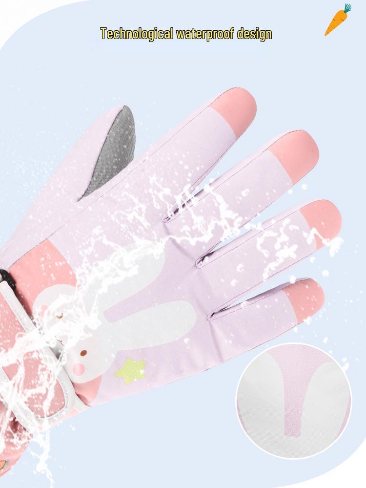 Pink Cartoon Fingerless Cotton Gloves for Girls - Windproof, Warm Winter Cycling and Outdoor Gloves for Primary School Students