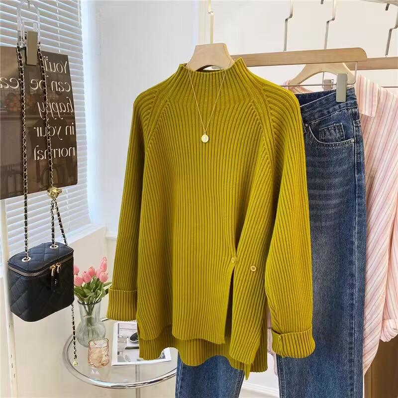 Women's Purple Ribbed Knit Semi-High Neck Sweater with Hem Side Slit - Slimming Spring/Summer Fashion Top