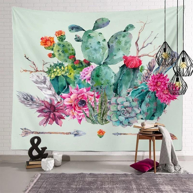 Nordic Home Fabric Plant Tapestry Wall Hanging Retro Tropical Plant Cactus Wall Hanging Art Painting Background Decoration