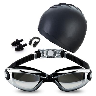 Adult Swimming Kit Anti Fog Electroplating Swimming Goggles Hat Cap Waterproof Silicone Nose Clip