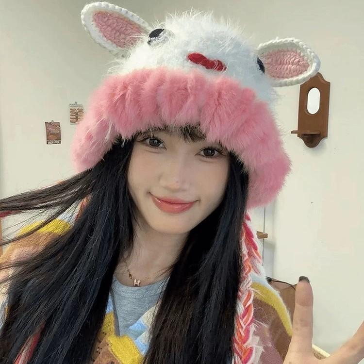 Autunno e inverno cappello da mostriciattolo di peluche da donna divertente carino cappello di lana piccolo animale protezione calda per le orecchie cappello Lei Feng lavorato a maglia