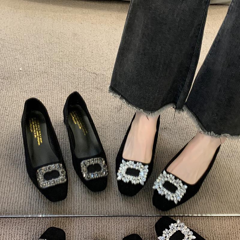 Premium single shoes women's spring new temperament rhinestone high heels thick heel square head shoes