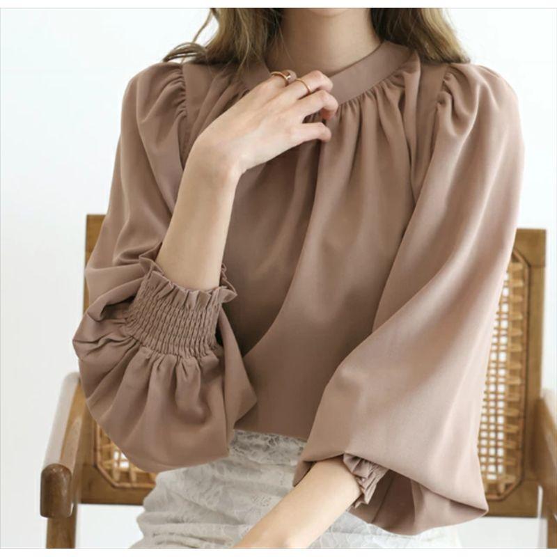 Cross-Border Japanese and Korean Sweet Fashion Commuter Ol Spring/Summer New Arrival Stand Collar Not Wrinkle Loose Bubble Long Sleeve Chiffon Shirt
