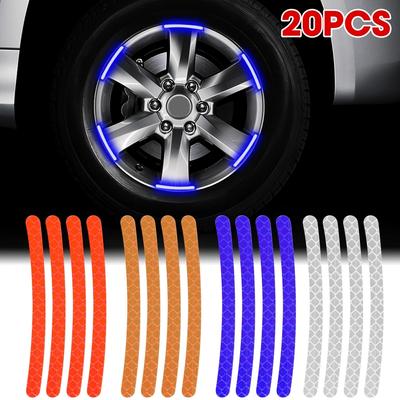 20pcs Wheel Hub Reflective Stickers Anti Scratch Auto Body Decorative Rim Tape Strips Warning Passing FOR Car Motorcycle Bicycle