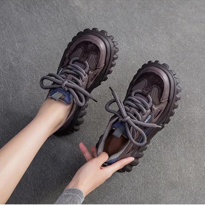 Johnature Genuine Leather Splicing Mesh Casual Shoes Lightweight Lace Up Thick Soled Women's Shoes