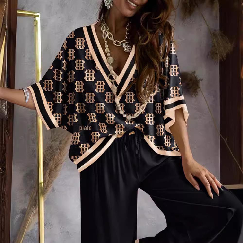 Women's Printed Bat Sleeve Top and Wide-Leg Pants Set