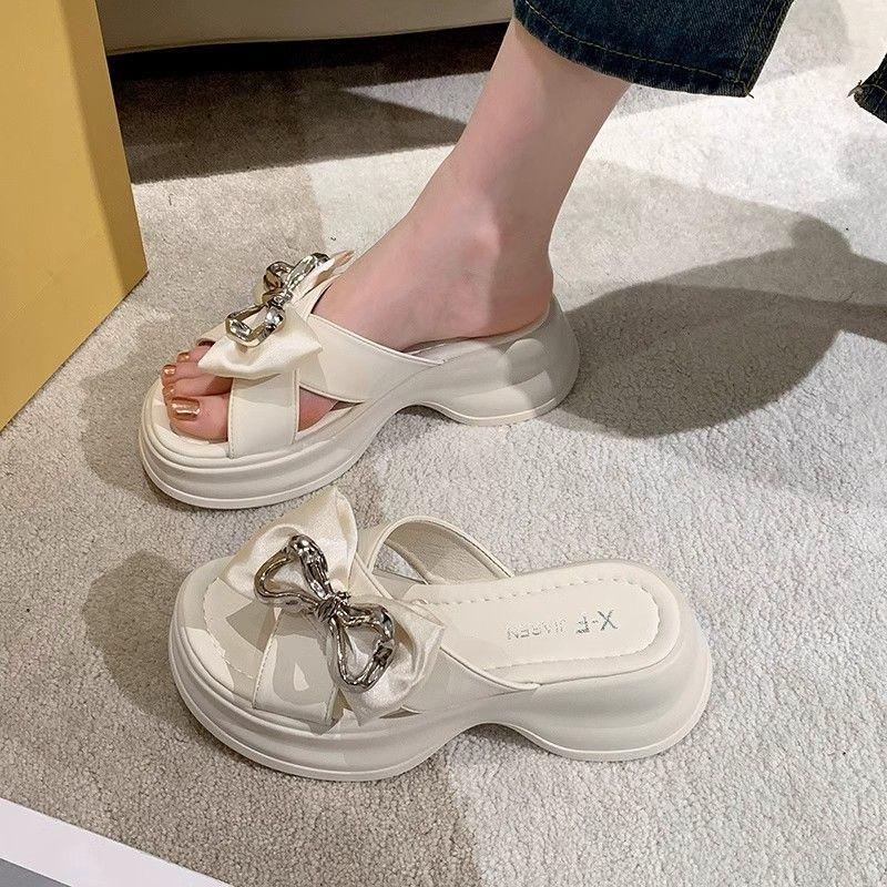 

Summer fashion bow thick-soled heightened one-word slippers wear exquisite girls casual sandals 40 белый