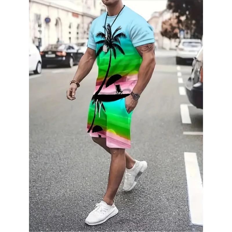 Hawaiian Coconut 3D Print Fashion Crew Neck Boy's Suit Everyday Casual Short Sleeve And Shorts Harajuku Street Children's Set