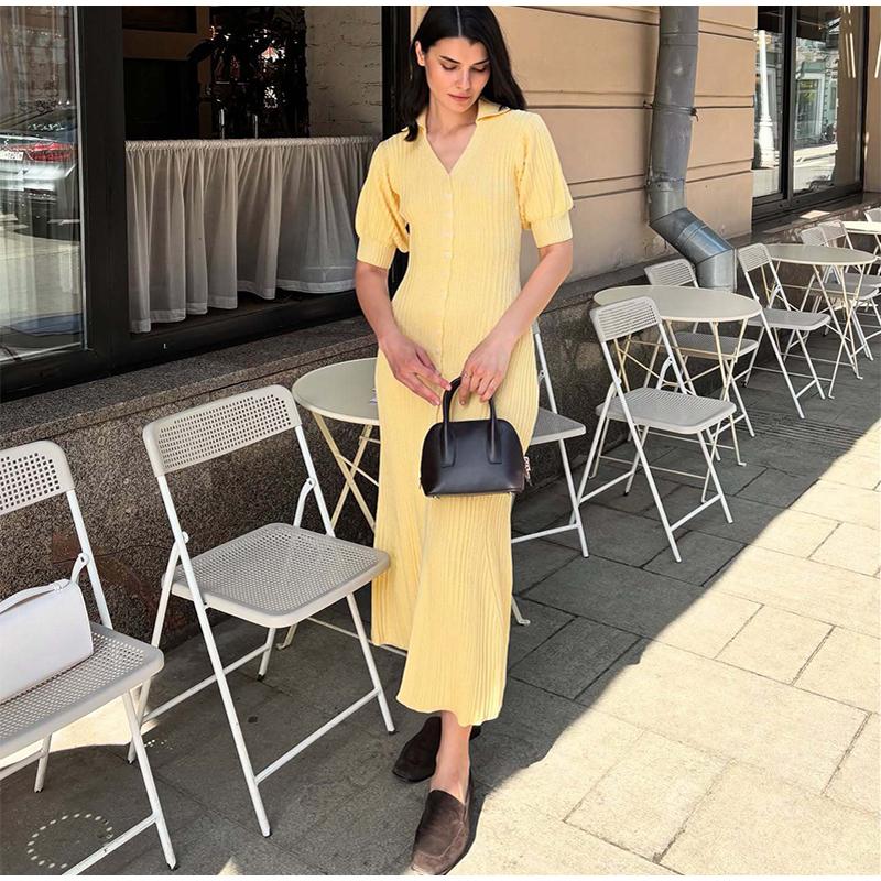Damen Strickkleider mit Puffärmeln, einreihig geknöpft, lang, frisch, einfarbig, schlankmachend, Sommerneu, eleganter Damenstrickstil