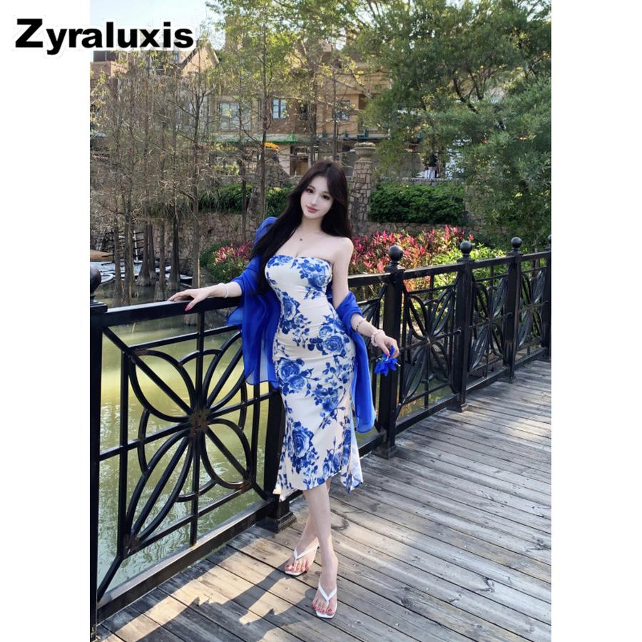 Slim Fit Blue Floral White-Boosting Strapless Bodycon Dress Summer New Style Skirt