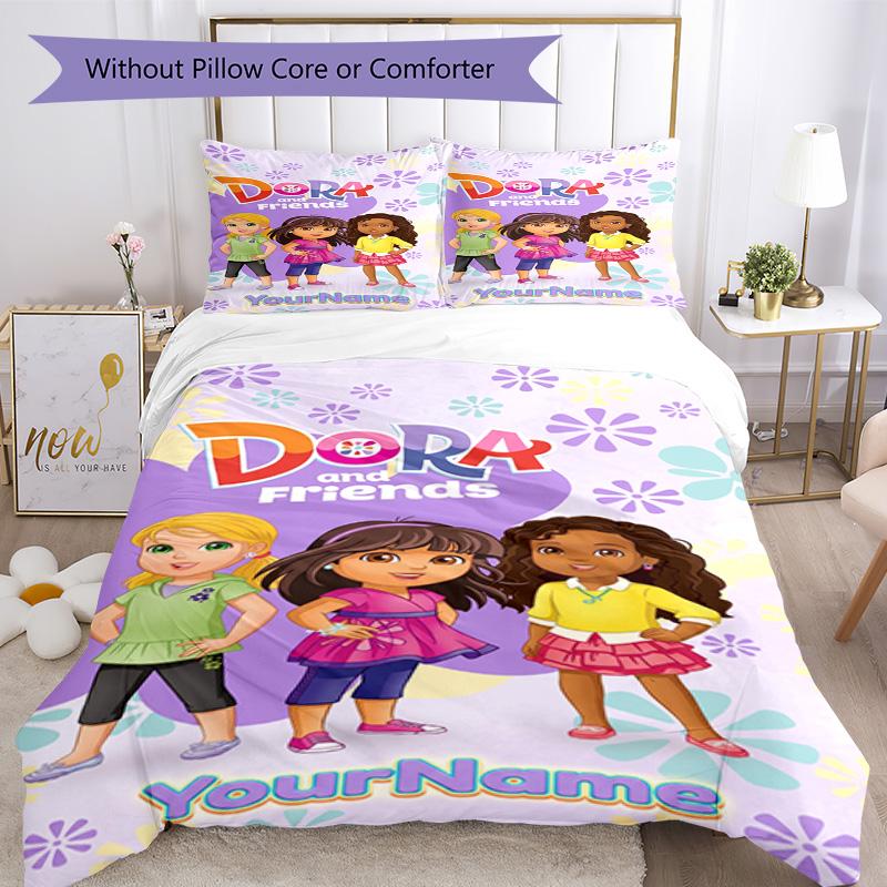 Dora Explorer Customize Your Name Bedding Set Breathable Duvet Cover with Pillowcases Home Decoration Birthday Gift