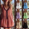 Women's Contrast Trim V Neck Button Sleeveless Rompers Loose Casual Short Jumpsuit