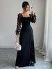 Elegante Abito Maxi Floreale a Rete Patchwork, Scollo Quadrato, Manica Lunga, Vita Alta, per Donna