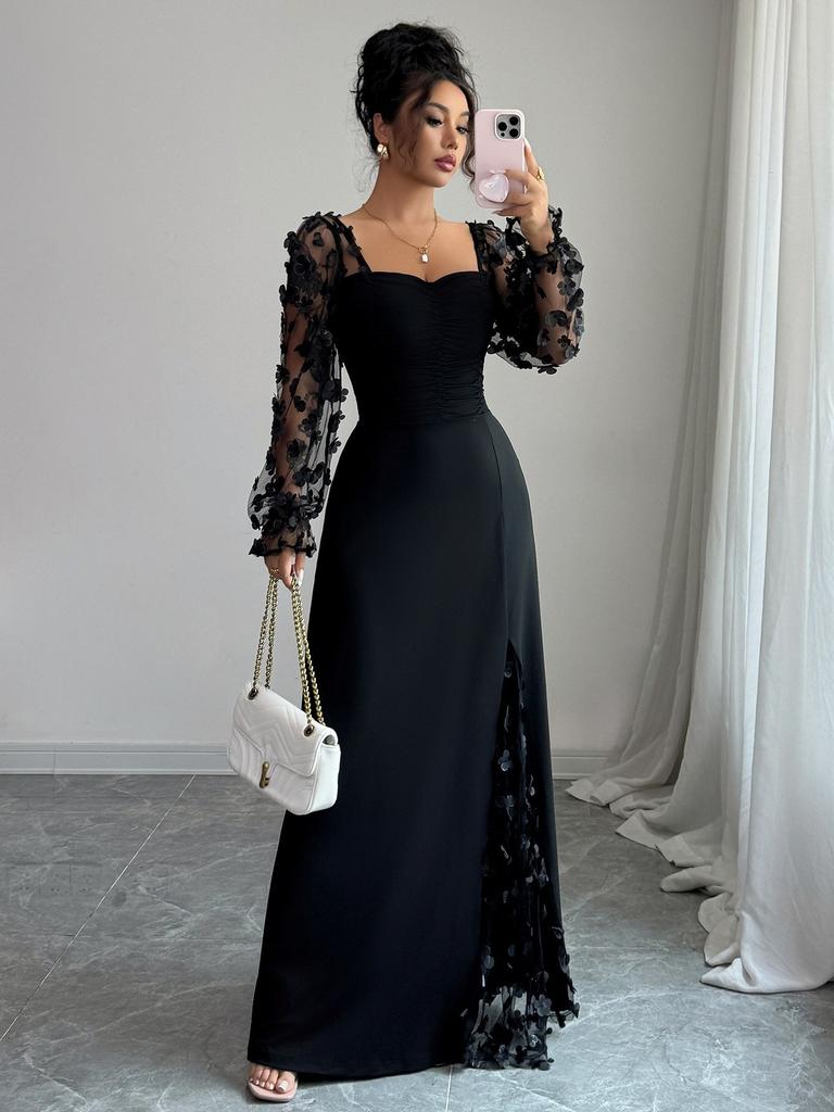 Elegante Abito Maxi Floreale a Rete Patchwork, Scollo Quadrato, Manica Lunga, Vita Alta, per Donna