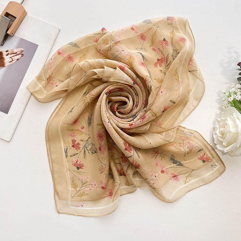 Breathable Silk Scarf Floral Print Long Wraps Portable Beach Shawl for Women