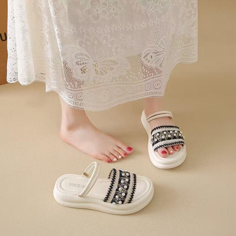 Soft Sole 2025 Slippers Pearl Outer Wear Summer Sandals Skirt New Non-slip Word Fairy Fan Thick Sole Two Wear Trendy