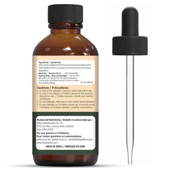 Organic Zing Amyris (Amyris Balsamifera) Oil | Pure & Natural Essential Oil for Skincare, Massage, Aroma & Diffusers - 30ml/1.01fl Oz