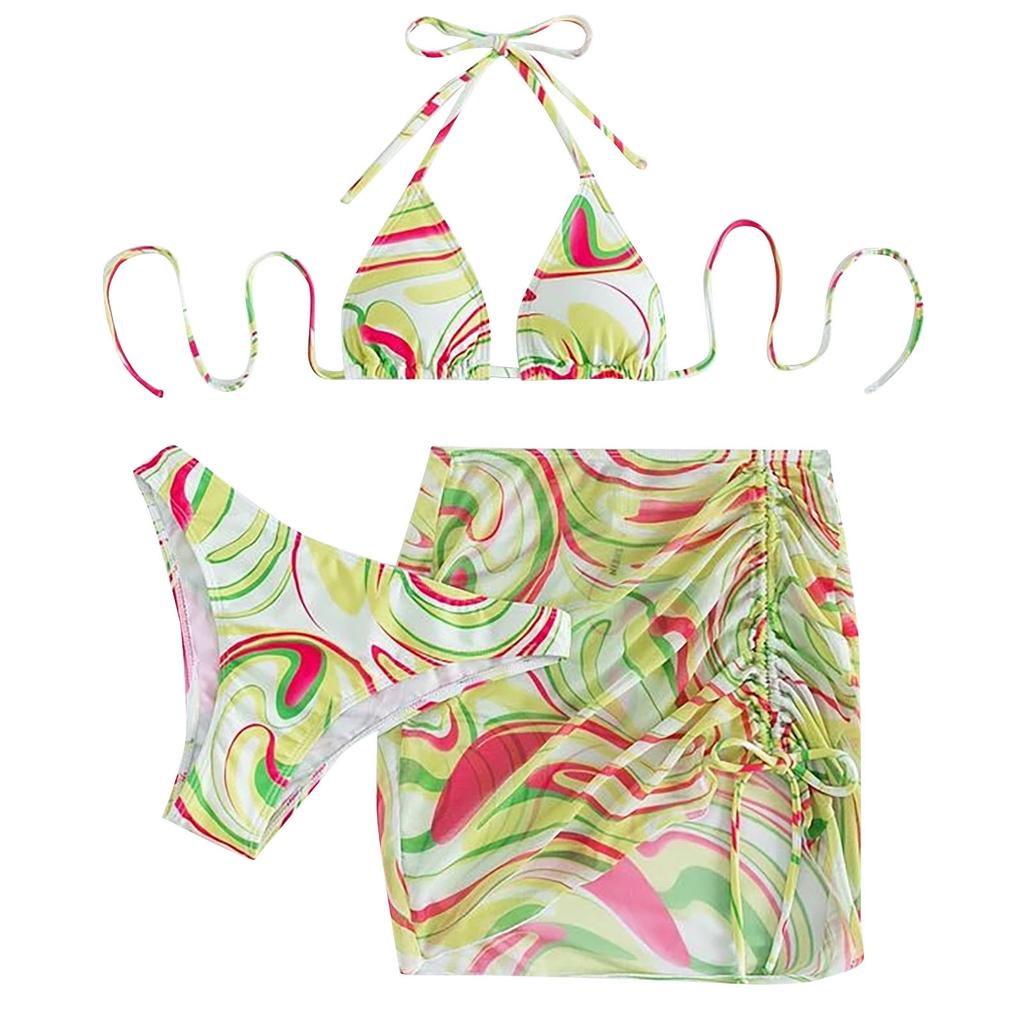 Women's Summer Fashion Sexy Texture Printing Backless Lace-up  Waist Pleated Knotted Bikini Three-pieces Swimsuit