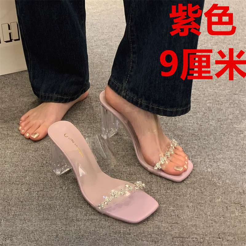 Slippers Female Summer Wear Rhinestone Open-toed Transparent One-word Sandals Crystal Thick Heel High Heels Versatile with Skirt Sandals