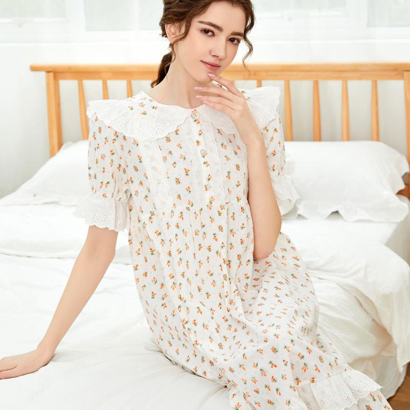 Women's Floral Short-Sleeve Cotton Nightgown, Loose Mid-Length Court Style Princess Homewear
