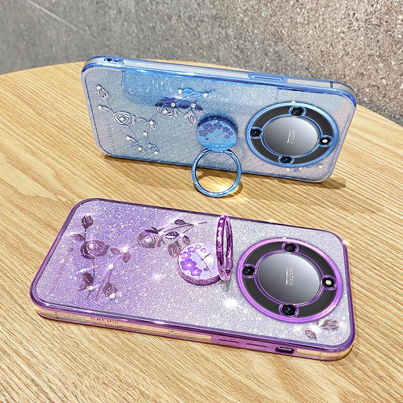 KADEM For Honor X40 5G/Magic5 Lite 5G/X9a 5G Flower Decor TPU Cover Glitter Phone Case Ring Kickstand Shell