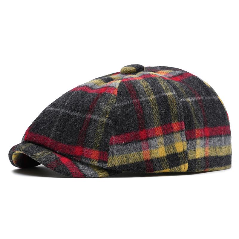 Color Check Octagonal Cap Men Women Autumn Winter Wool Warm Forward Cap British Newsboy Cap Beret