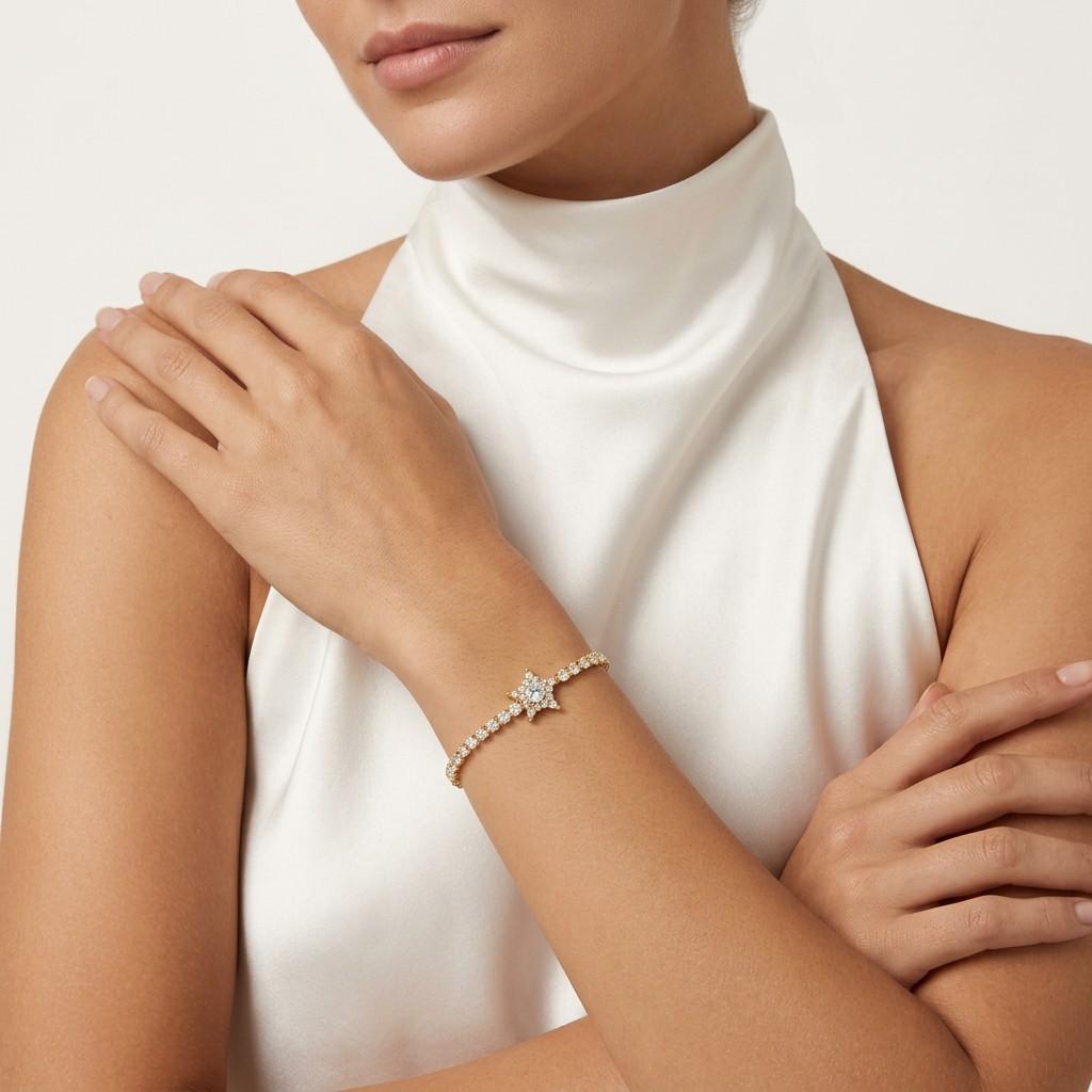 14K Gold Plated Star Charm Tennis Bracelet for Women, Six Point Star with Round Stone Center, Sparkling Cubic Zirconia Jewelry