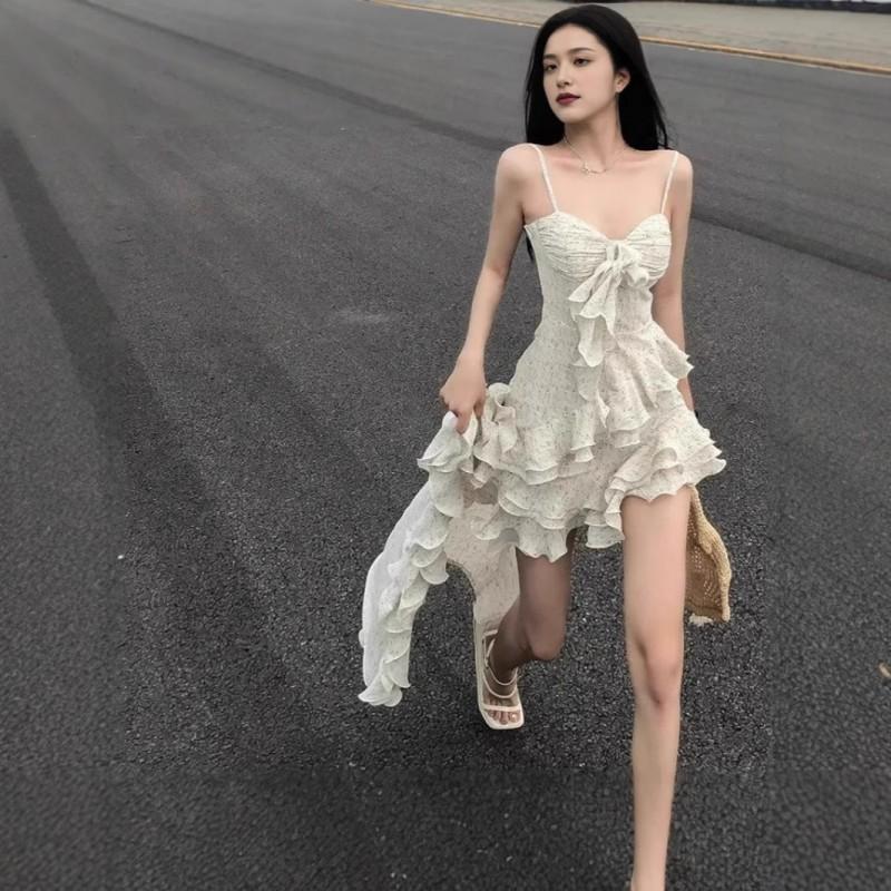 French Temperament Suspender Dress Fairy Seaside Vacation Women Irregular Ruffled Long