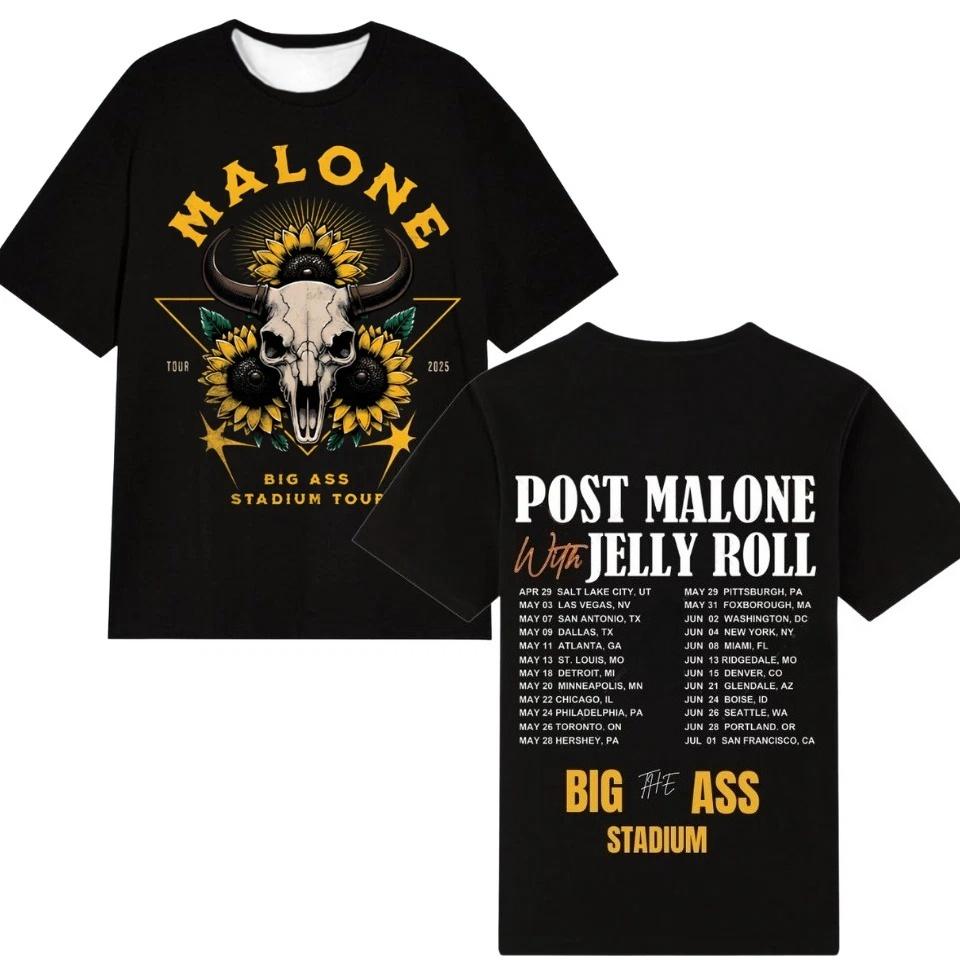 Большая Жопа Стадион Malone Post Malone Jelly Roll Тур 2025 Концертная Футболка Унисекс Футболка Летняя Повседневная Футболка с Принтом Y2k Харадзюку S