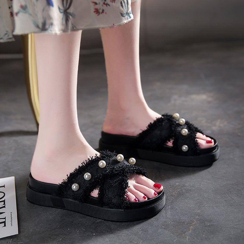 Women Solid Color Pearl Slippers Ladies Middle Heel Anti-slip Soft-sole Comfortable Thick Bottom Beach Sandals Footwears