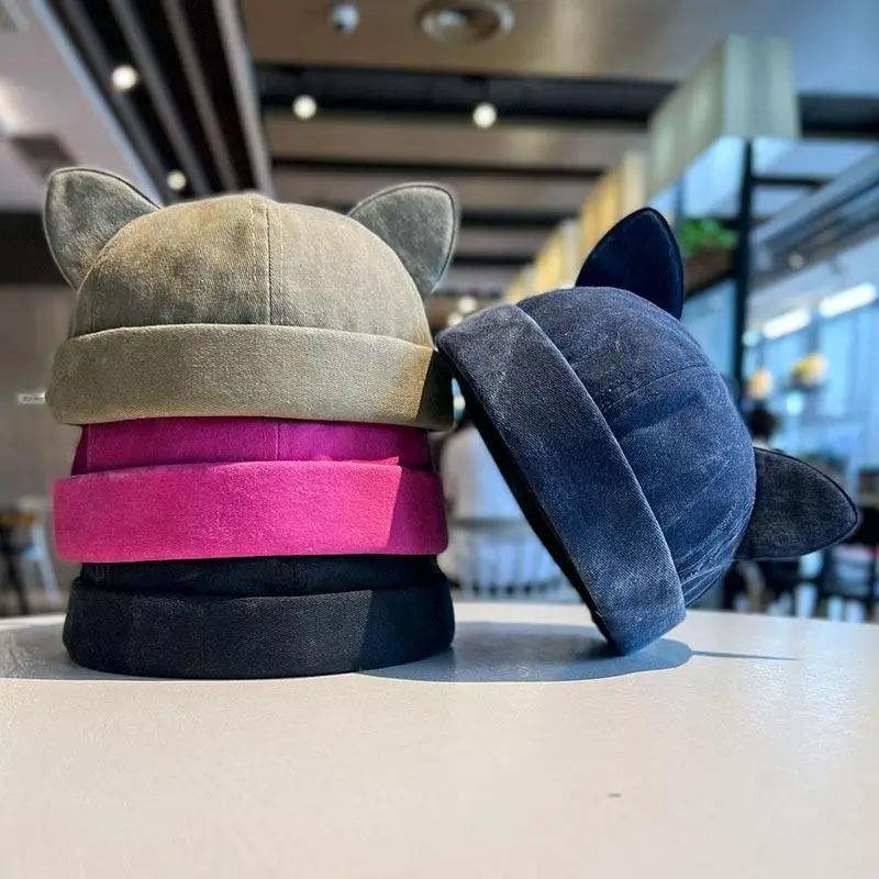 Süßer Hut ohne Schirm mit Katzenohren Lässige Persönlichkeit Melonenhaut Mützenmütze Atmungsaktiv Gewaschener alter Unisex Beanie-Hut