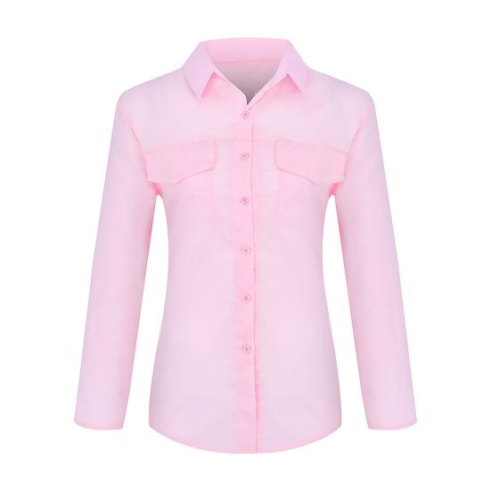 Women Shirt Lapel Long Sleeve Buttons Placket Shirt Tops with Pockets Pure Color Regular