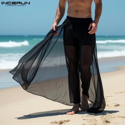 Pantalones largos de malla transparente con cintura elástica para hombre, pantalones falsos de dos piezas