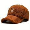 Classic Letter R Embroidery Baseball Cap Color Block Coldproof Warm Dad Hats Plush Adjustable Sun Hat for Women Autumn & Winter