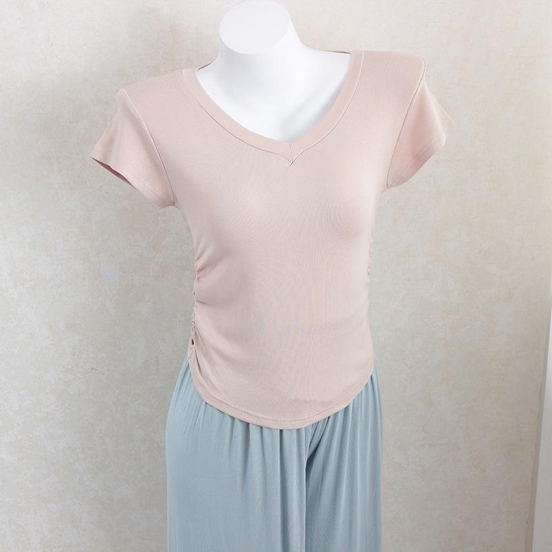 Women's V-Neck Short-Sleeved Pleated Waist Slimming Top