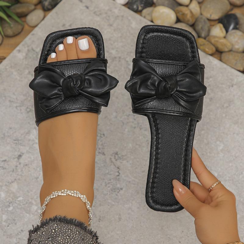 Foreign Trade Large Size Bow Flat Slipper Women Wear European and American Square Toe Comfortable Beach Shoes in Summer
