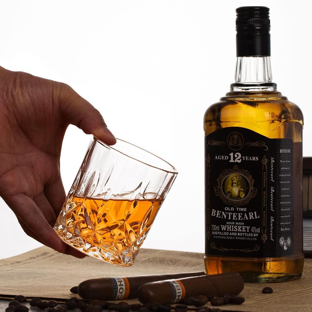 Whiskey Rocks Glass, Set of 4 (2 Crystal Bourbon Glasses, 2 Round Big Ice Ball Molds) In Gift Box - 10 Oz Old Fashioned Glasses for Scotch Cocktail