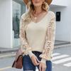 Pulover tricotat pentru femei, cu decolteu în V, cu mânecă lungă, cu îmbinare din dantelă, pulover