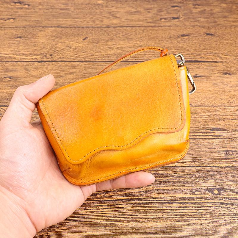 Head Layer Cowhide Key Bag for Men, Made of Aged Vegetable Tanned Leather, Pleated Waist, Hanging Key Buckle, Multifunctional Coin Purse