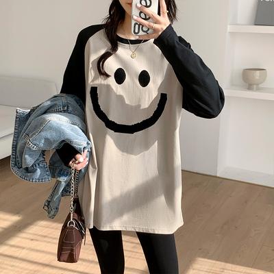 Mittellanges Raglan-Ärmel-Design mit Smiley-Print und Nischen-Bodenshirt für Damen im Frühjahr und Herbst, neues, lässiges Langarm-T-Shirt aus reiner Baumwolle