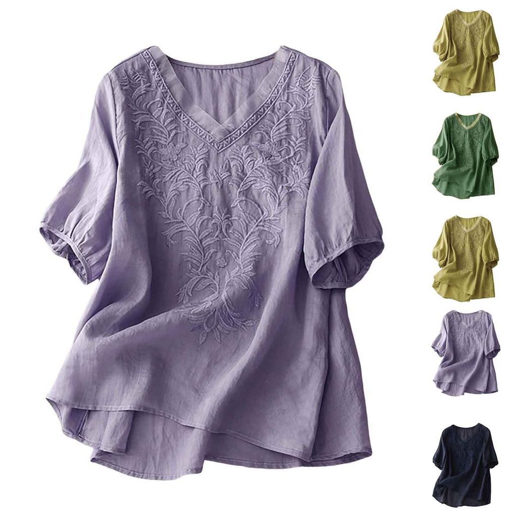 Fashion Women's Shirt Five-quarter Sleeve Spring And Summer Loose Top Embroidered Shirt