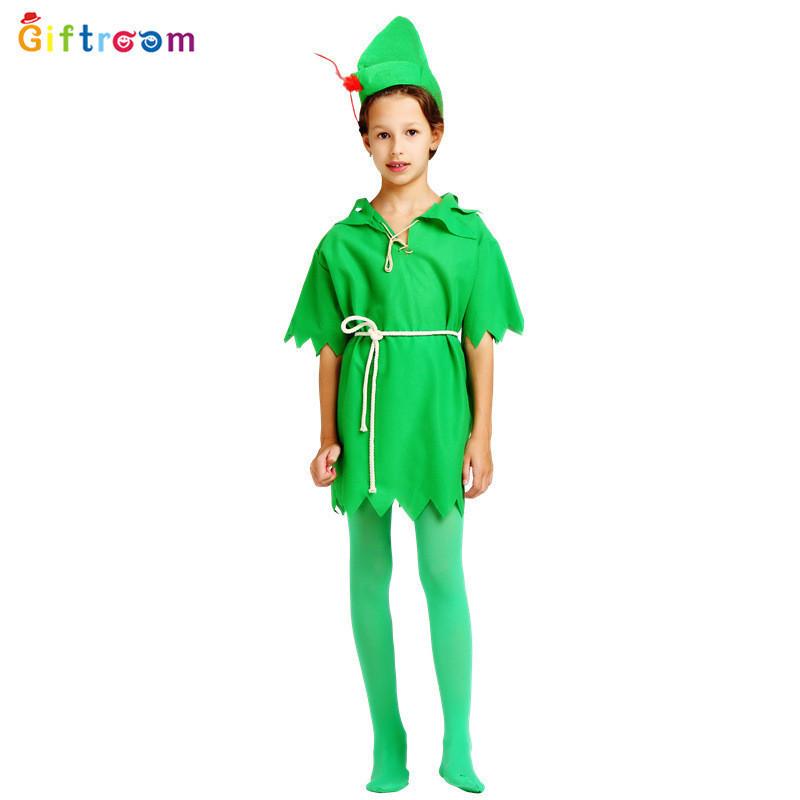 Peter Whimsical Kids Pan Costume In Vibrant Green Color For Boys Comfortable Polyester Fabric For Theatrical Fun