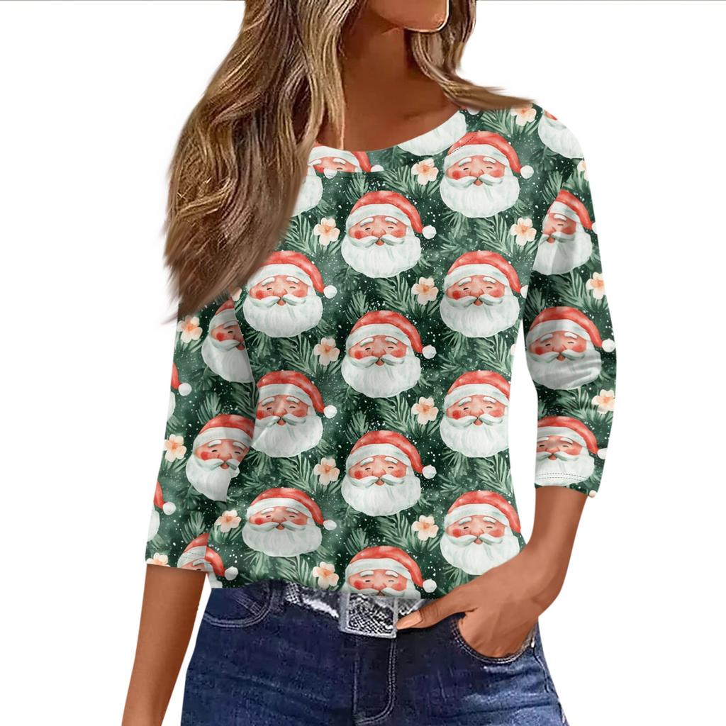 Women's Casual Christmas Print Three-Quarter Sleeve Neck Blouse