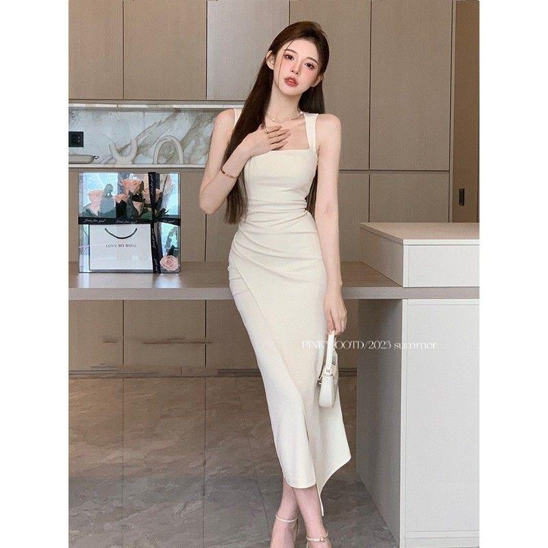 French temperament celebrity royal sister feeling tight long dress slim-fitting hip-wrapped square neck suspender dress summer new