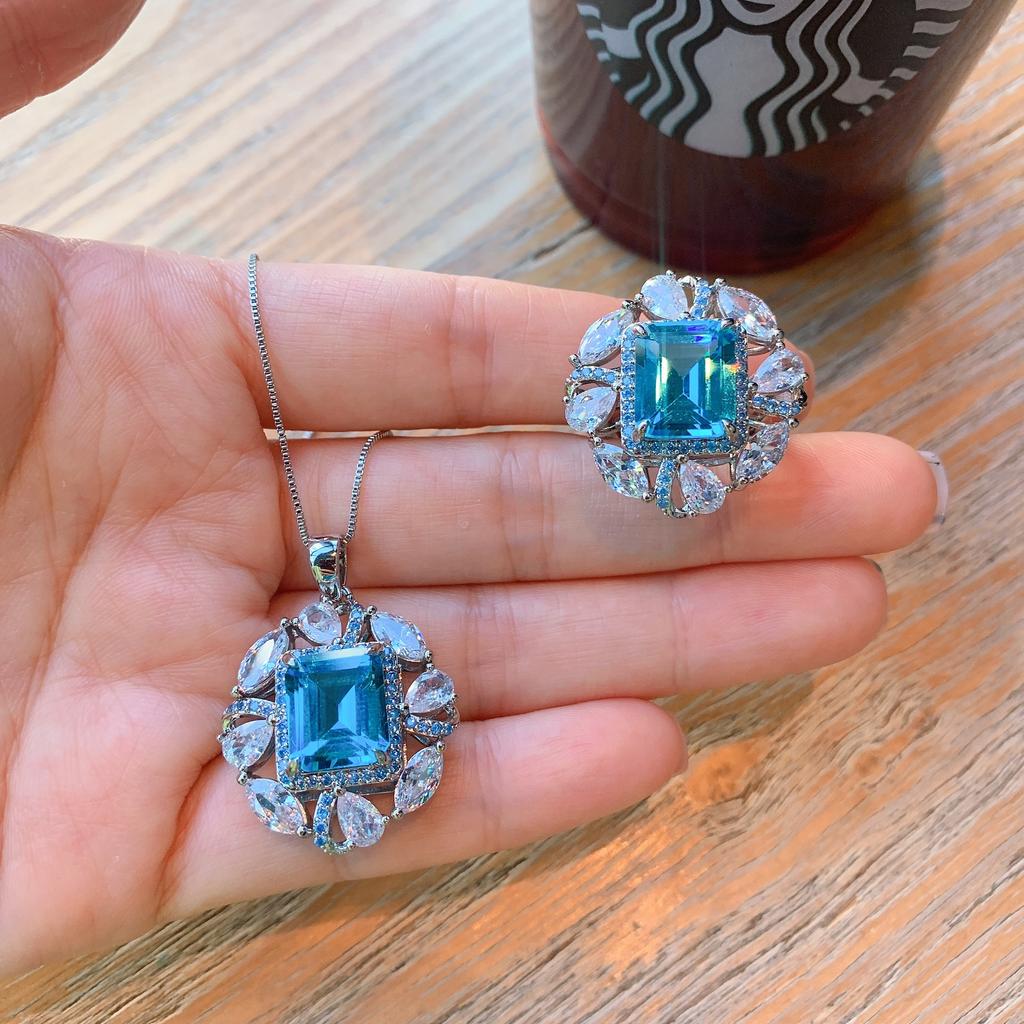 Jewelry Retro Simulation Topa Blue Micro Diamond Pendant Ring Set Main Stone 10 * 12